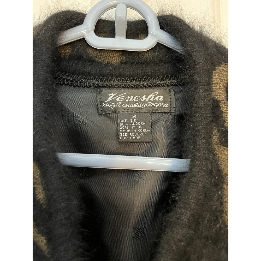 VENESHA Black & Brown Angora Thigh Length Patterned Sweater Jacket Size Small